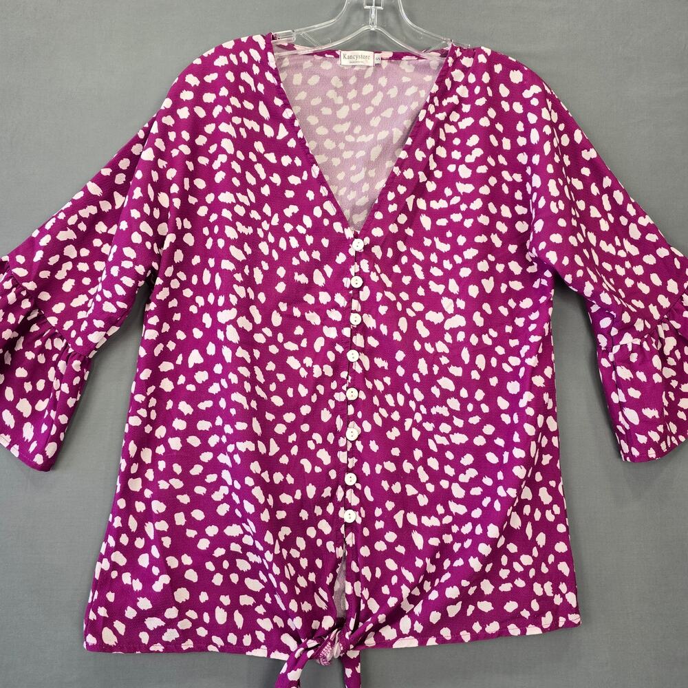 Kancystore Purple Plum Shirt Preppy Polka Dot 3/4 Bell Sleeves V-Neck Women's S